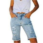 AherBiu Jean Shorts for Women Knee Length Fringe High Waisted Ripped off Denim Shorts with Pockets